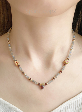 SparkLoops 极光 天然拉长石/石榴石叠戴项链/锁骨链/颈链/毛衣链