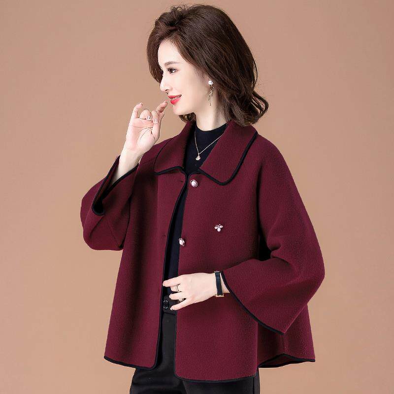 喜婆婆婚宴装2024新款小个子妈妈毛呢子红色礼服外套中年大码上衣