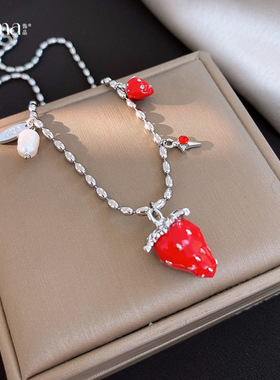 晗珞~树脂红色草莓耳环项链甜美百搭高级感锁骨链精致首饰套装女