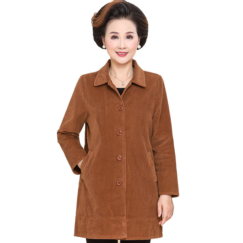 中老年人春秋新款灯芯绒外套中长款 曼丽依都中老年女装