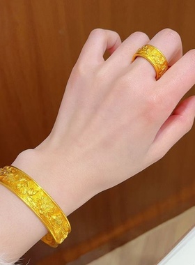 金店同款黄金色沙金轻奢锦鲤戏莲开口戒指女黄金色开口高级感高端