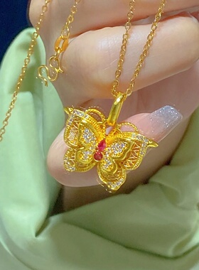 金店同款古法沙金时尚百搭仿真金高保色久不掉色玲珑花蝶项链镂空