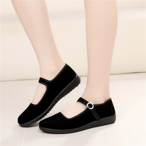 Старая пекинская ткань обувь женская одиночная обувь черная свободная торт Толстый дно слайд -каблук без стекла отеля обувь танцевальная рабочая обувь
