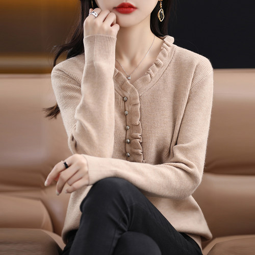 恒源祥气质V领针织衫春秋女装内搭打底衫宽松套头毛衣木耳领线衫 - 图1