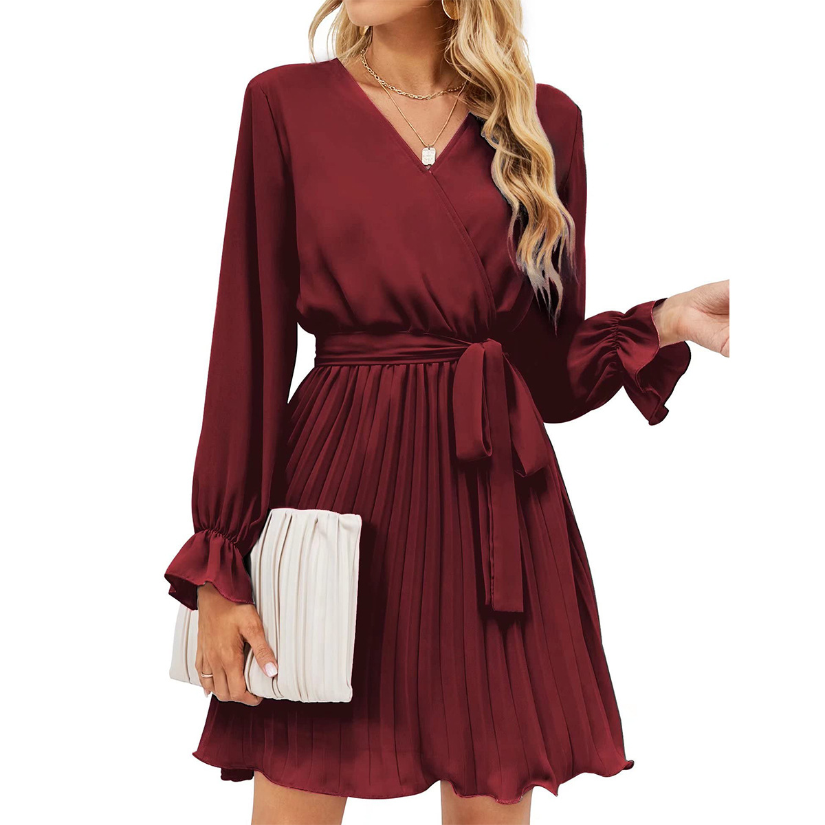 Women's Fashion V-neck Wrap Dress Wedding Guest Casual Pleat - 图1