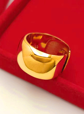 2025女士活口戒指光面复古宽面黄铜镀沙金个性古法镜面工艺指环女