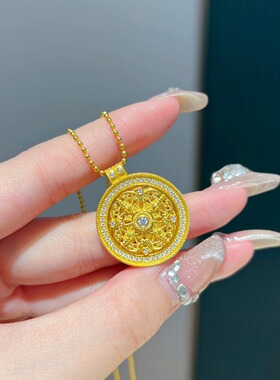 金店同款可转动四方有福镶钻八宝罗盘项链女铜镀金古法中式锁骨链
