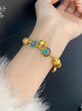中式珐琅彩绿度母转运站醒狮手链多宝DIY设计感铜镀金手串女饰品