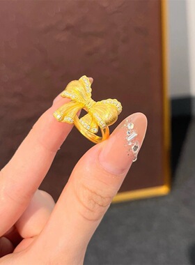 2026新款金店同款沙金镶钻蝴蝶结高级戒指女士可调节指环520礼物