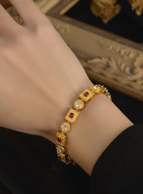 2026沙金方糖手链古法仿金珐琅几何手饰镶嵌锆石高级复古风手串女