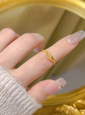 金店同款古法沙金素圈灵蛇戒指强保色百搭本命蛇年开口可调节