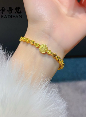 爆款沙金五路财神钱币手链女时尚轻奢高级感铜钱手串