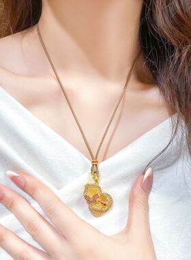 女款轻奢爆闪红刚玉蝴蝶福禄黄金色吊坠挂坠沙金镂空彩钻葫芦项链