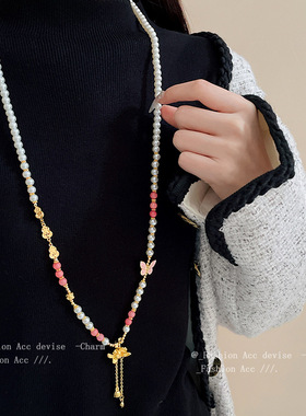 女士黄金色沙金莲花蝴蝶人造珍珠项链民族风国潮长款复古轻奢衣链