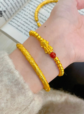 2026新款久黄金色古法沙金牡丹花手镯花开富贵浮雕刻花纹开口镯子