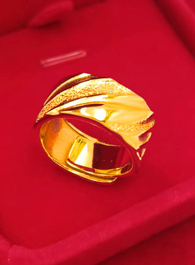台湾款男戒波浪纹闪沙质感宽面指环镀沙金镀时尚仿锡金活口金色
