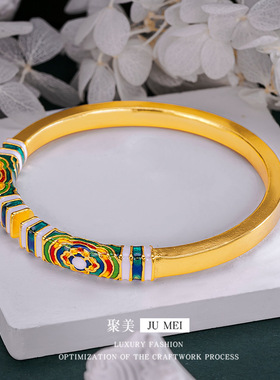 民族风开口珐琅芳华四方手镯久黄金色珐琅彩工艺图腾古法手镯