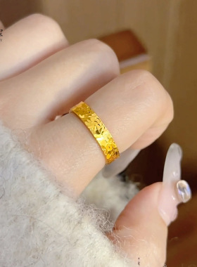 沙金爆闪满天星碎金金戒指黄金色实心碎碎冰素圈百搭指环送女友礼
