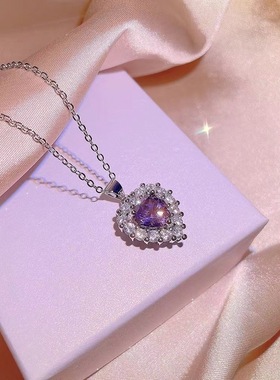 女士百搭紫色爱心桃心形项链戒指耳钉三件套装ins轻奢不掉色项链