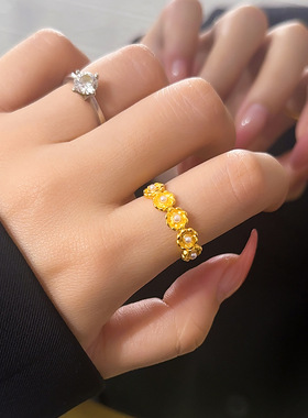 高级朵朵繁花戒指 时尚轻奢活口指环镶嵌仿珍珠假黄金戒指沙金女