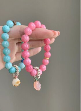 女款粉黛新中式国风红纹玉髓手工串珠手链蓝鸢高级感精致猫爪手串