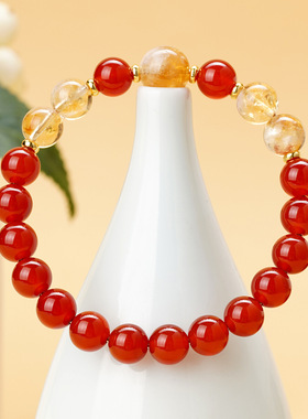 名媛天然水晶红玛瑙黄塔晶手链双圈原创红色本命年女士款发彩手串