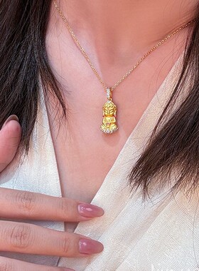沙金金佛挂坠宝宝佛吊坠新中式国风莲花镶钻衣链锁骨链轻奢女项链
