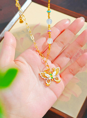 2025久不掉色越南沙金脉脉花蝶铃兰花项链女锁骨链甜美气质毛衣链