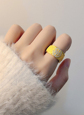 新中式镀沙金仿锡金款铜钱戒指开口编织纹金钱戒男女同款抖音