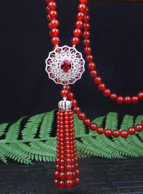 名媛御姐天然红玛瑙项链锆石镶嵌太阳花红宝石水晶女士长款毛衣链