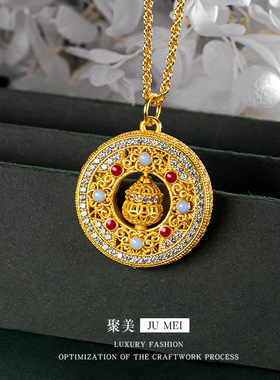 古法锡金镶钻镂空转动葫芦吊坠可旋转葫芦吊坠仿黄金圆牌宫廷