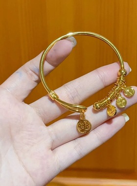 金店同款强保色铜镀24K亮金平安喜乐盘缠开口手镯新中式亮面镯子