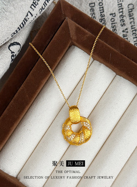 沙金法式Vintage复古拉丝镶钻面包麻花吊坠项链 设计感锁骨链