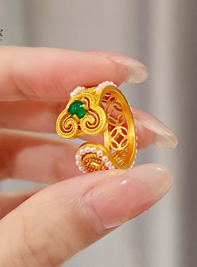沙金镂空如意绿色珍珠女戒指黄金色复古轻奢开口指环送女朋友礼物