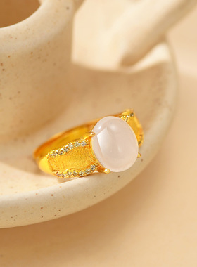 爆款沙金拉丝工艺蛋形戒指鎏金国潮风质感点钻开口食指戒直播