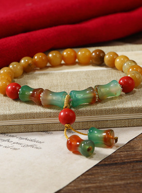 2025新款复古新中式民族风女手链孔雀玛瑙竹节骨头手串天然石首饰