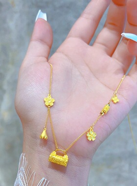 2025新款繁花似锦越南沙金花丝锁包流苏项链女士平安锁一体锁骨链