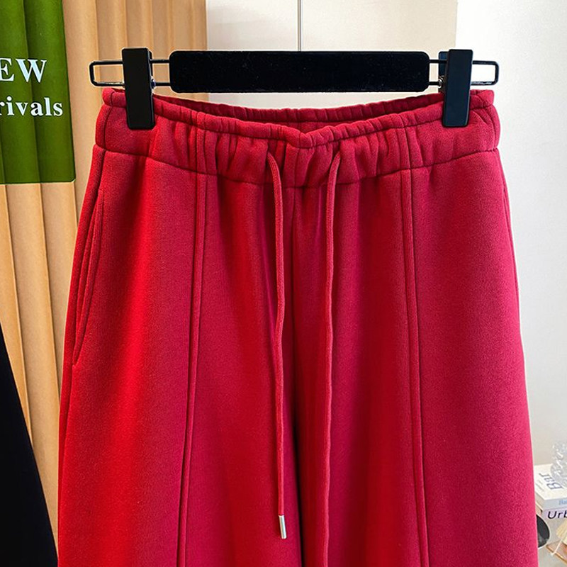 韩系时尚百搭红色休闲卫裤女2026春季新款加绒束脚阔腿两穿长裤子,淘宝优惠券,粉丝福利购,淘宝优惠卷