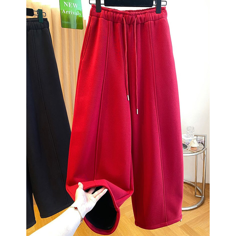 韩系时尚百搭红色休闲卫裤女2026春季新款加绒束脚阔腿两穿长裤子,淘宝优惠券,粉丝福利购,淘宝优惠卷