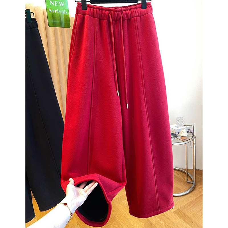 韩系时尚百搭红色休闲卫裤女2026春季新款加绒束脚阔腿两穿长裤子,淘宝优惠券,粉丝福利购,淘宝优惠卷