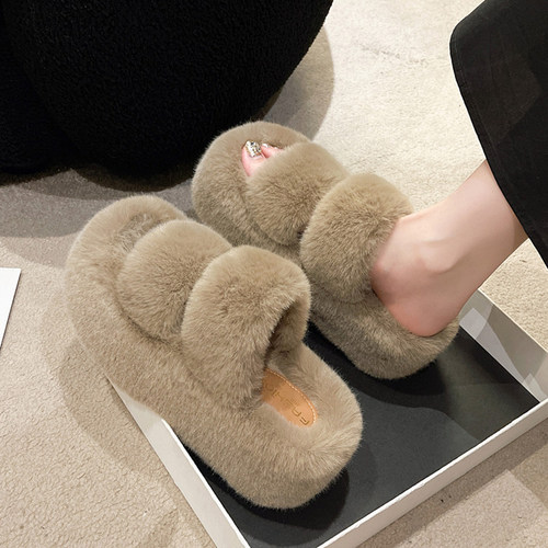 2025春秋新款小个子松糕厚底增高毛绒茸茸棉拖鞋女外穿居家毛毛鞋 - 图0