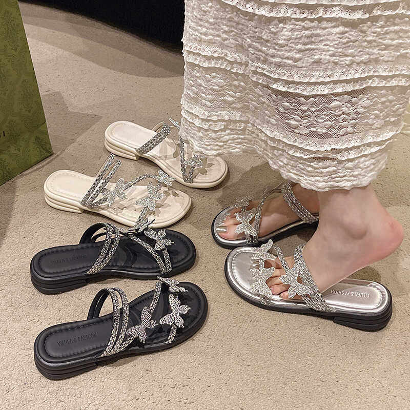 法式平底拖鞋女夏外穿高级感2025新款仙女风凉拖鞋水钻配裙子凉鞋,淘宝优惠券,粉丝福利购,淘宝优惠卷