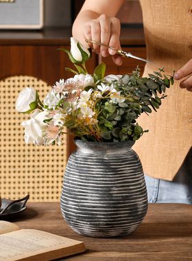 仿古诧寂风陶瓷花瓶复古横纹插花花器水培瓶摆件家居装饰软装搭配