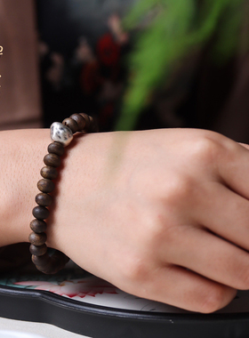 禅木匠【银山现】天然海南莺歌绿沉香算盘珠925银老银无相珠手串