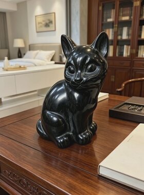 黑耀石玄猫摆件招财镇宅纳福吉祥物风水补角玄关客厅书房卧室摆件