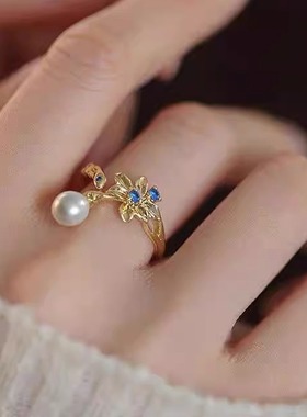 中古锆石珍珠流苏花朵戒指女vintage气质高级感食指戒指环