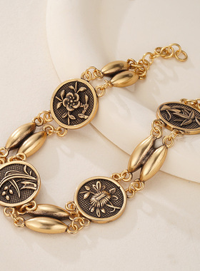 小红书同款做旧花中四君子圆牌手链女中式轻奢独特设计感手串手饰