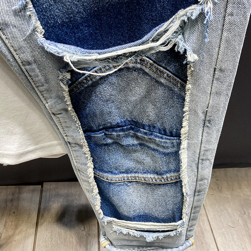潮牌破洞拼接款工装阔腿牛仔裤男春季款美式休闲痞帅宽松直筒长裤,淘宝优惠券,粉丝福利购,淘宝优惠卷