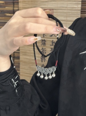 新中式纯银S925五帝钱手工项链民族风小众设计抽拉绳百搭礼物