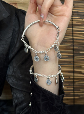 足银999.9新中式半镯半链女五帝钱吉言开口银镯子手链情侣款